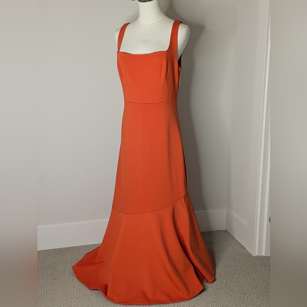 Anthropologie red orange gown maxi dress peplum flare party Event Unique M NWT